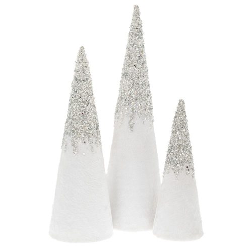 SET 3 CONURI CU BLANITA WHITE SILVER CU PAIETE 32,42,52 CM