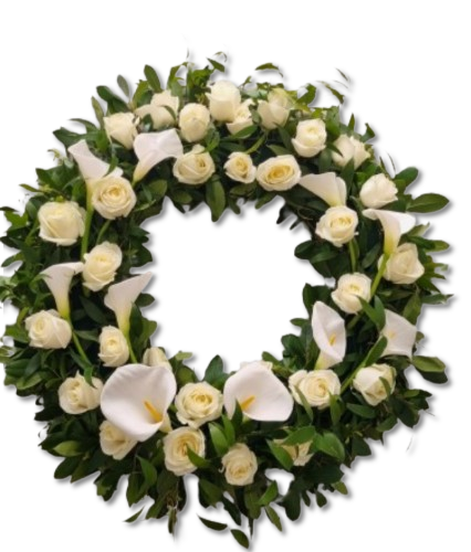 COROANA FUNERARA TRANDAFIRI SI CALE ALBE 60 CM