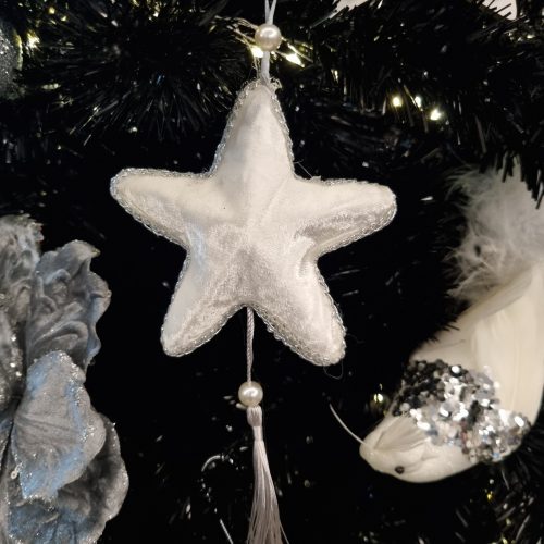 GLOB CATIFEA STEA ALBA CU MARGINE ARGINTIE 15 CM