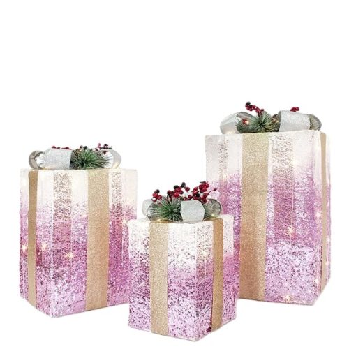 SET CUTII CADOU ROZ CU LUMINI LED 40/30/20 CM