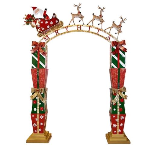 DECORATIUNE EXTERIOARA CRACIUN ARCADA METALICA CU LUMINI SANIA LUI MOS CRACIUN SI CADOURI 3.05 M